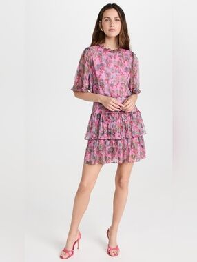 Saloni Ava-D Dress Mulberry Blush Pink Silk Chiffon Tiered Ruffle Mini Floral 4